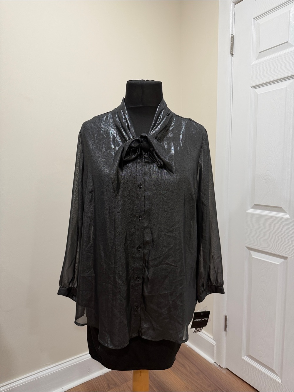 Liz Claiborne Black Shimmery Tie-Neck Blouse